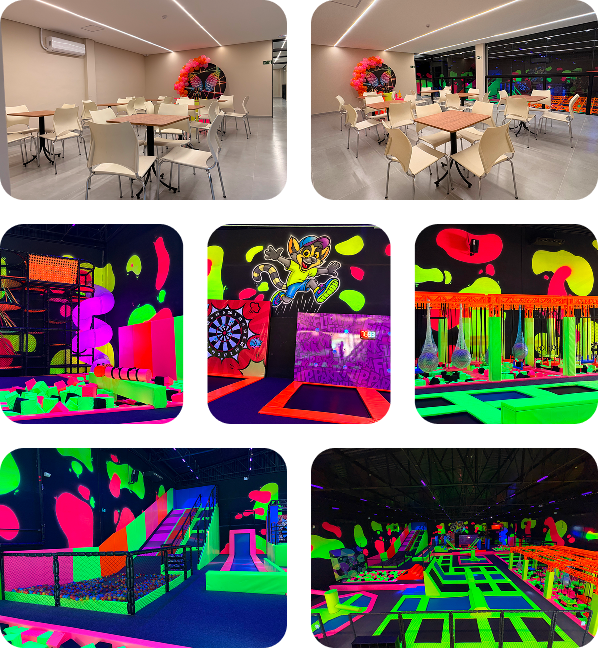 Colagem de fotos com o mascote da flip park